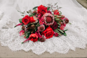 A unique bouquet for a wedding at Hammond Castle made by Black Iris Floral Designs, a Worcester florist