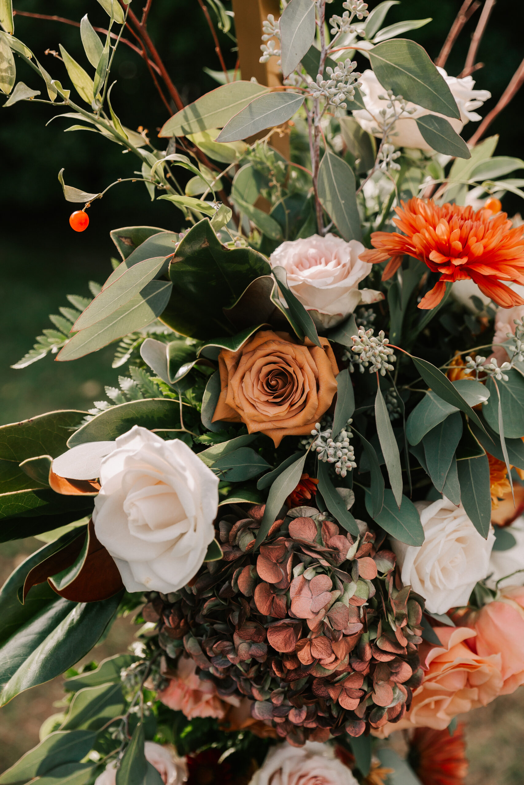 an autumn floral arrangement for a wedding at Locke Falls Farm, a White Mountains wedding venue